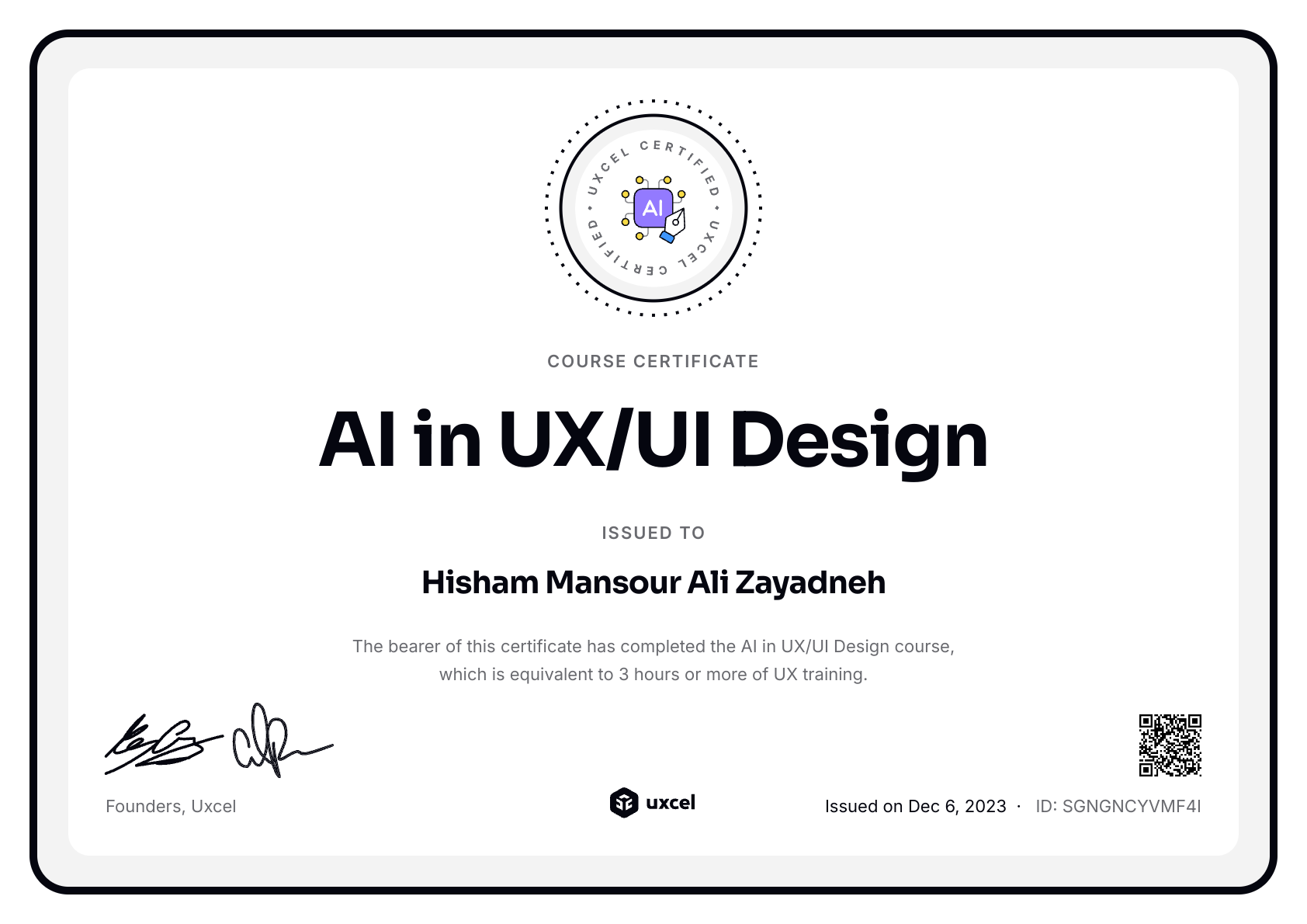 Hisham Zayadneh's certificate
